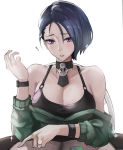  1girl alternate_costume blue_hair bracelet breasts choker cleavage english_commentary fire_emblem fire_emblem:_three_houses green_sweater highres jewelry large_breasts looking_at_viewer off-shoulder_sweater off_shoulder pointing pov_dating purple_eyes shamir_nevrand short_hair solo spiked_bracelet spikes sweater the_kingduke watch wristwatch 