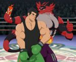  2020 anthro biceps black_hair blush body_hair bottomwear boxing_gloves chest_hair claws clothing duo felid fighting_ring fur gesture greeneyedwolfking hair handwear hi_res human humanoid incineroar little_mac male mammal muscular muscular_anthro muscular_humanoid muscular_male nintendo nipples one_eye_closed pecs phone pok&eacute;mon pok&eacute;mon_(species) public punch-out!! red_body red_fur shirt shorts smile taking_picture taking_selfie tank_top teeth thumbs_up topwear video_games white_body white_skin wink 