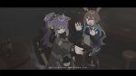  2girls amiya_(arknights) amonitto animal_ears arknights blue_eyes braid brown_hair cat_ears cat_girl chibi chibi_only coat commentary_request green_eyes gun handgun high_ponytail highres holding holding_gun holding_weapon jessica_(arknights) jessica_the_liberated_(arknights) jewelry long_coat long_hair multiple_girls open_clothes open_coat ponytail purple_hair rabbit_ears rabbit_girl ring weapon 