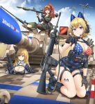  3girls a-10_thunderbolt_ii absurdres aircraft american_flag american_flag_bikini american_flag_print ammunition_box animal_ear_headphones animal_ears army assault_rifle attack_the_d_point_(meme) bikini black_boots black_gloves black_pantyhose blonde_hair blue_eyes blue_sky boots breasts browning_m2 camouflage cat_ear_headphones cat_ears chest_rig cloud cloudy_sky commentary_request digital_camouflage drone elbow_gloves elsa_(senrai_maidens) english_commentary fake_animal_ears finger_on_trigger flag_print flag_print_bikini gloves goggles goggles_on_head gun gun_sling h&amp;k_mp7 headphones heavy_machine_gun highres holding holding_gun holding_weapon kate_(senrai_maidens) large_breasts long_hair m16 m16a1 m1_abrams machine_gun magazine_(weapon) maria_(senrai_maidens) meme microphone mikeran_(mikelan) military_uniform military_vehicle mixed-language_commentary motor_vehicle multiple_girls pantyhose ponytail print_bikini radio red_eyes red_hair rifle rocket_launcher rpg-7 rpg_(weapon) short_hair sitting sky smile su-25 submachine_gun swimsuit tank trigger_discipline war_thunder weapon 