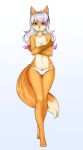  absurd_res anthro bow_panties canid canine clothed clothing covering covering_breasts female fox hair hi_res looking_at_viewer mammal multicolored_hair panties red_fox solo topless two_tone_hair underwear yonachka_doki 