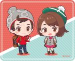  1boy 1girl backpack bag bangs beanie blush bob_cut boots brown_eyes brown_hair cardigan chibi closed_mouth commentary_request dress full_body green_headwear green_legwear grey_cardigan hat holding holding_poke_ball holding_strap long_sleeves masaru_(pokemon) ooura open_mouth pigeon-toed pink_dress poke_ball poke_ball_(basic) pokemon pokemon_(game) pokemon_swsh red_shirt shirt short_hair sleeves_rolled_up smile socks tam_o&#039;_shanter watermark yuuri_(pokemon) 