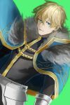  1boy armor blonde_hair blue_cape blue_eyes cape chi4co0820 collared_cape excalibur_galatine fate/extra fate/grand_order fate_(series) fur_collar gauntlets gawain_(fate/extra) green_background knight knights_of_the_round_table_(fate) long_sleeves looking_at_viewer male_focus short_hair simple_background solo 
