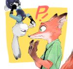  2016 anthro border canid canine clothed clothing disney duo eye_contact female fox fully_clothed fur green_eyes grey_body grey_fur holding_object judy_hopps lagomorph leporid looking_at_another male mammal nick_wilde orange_body orange_fur purple_eyes rabbit red_fox sg simple_background upside_down whistle_(object) white_border yellow_background zootopia 