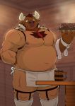  2020 anthro apron araiguma_11 belly bodily_fluids bovid bovine brown_body brown_fur bulge cattle clothing food fur humanoid_hands kemono male mammal moobs necktie nipples overweight overweight_male solo sweat 