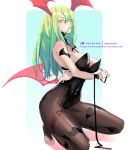  1girl bamuth breast_hold breasts bunnysuit closed_mouth demon_girl full_body green_hair hair_in_mouth highres horns large_breasts long_hair looking_at_viewer morrigan_aensland pantyhose patreon_username skin_tight squatting succubus thick_thighs thighs vampire_(game) wings yellow_eyes 