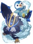  blue_eyes commentary_request empoleon gen_4_pokemon highres looking_at_viewer no_humans open_mouth outstretched_arms piplup pokemon pokemon_(creature) starter_pokemon tongue water yu_(mekeneko1998) 