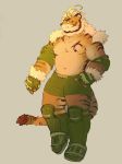  2020 anthro baku_hosamo belly bottomwear clothing felid hi_res hombretigre humanoid_hands kemono male mammal pantherine shorts simple_background slightly_chubby solo tiger tokyo_afterschool_summoners video_games 