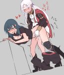  2girls bent_over blue_eyes blue_hair blush breasts byleth_(fire_emblem) byleth_(fire_emblem)_(female) cleavage closed_eyes cum cum_in_pussy edelgard_von_hresvelg eyebrows_visible_through_hair fire_emblem fire_emblem:_three_houses futa_with_female futanari garreg_mach_monastery_uniform grey_background heart high_heels large_breasts long_hair multiple_girls nagasawa_(tthnhk) open_mouth simple_background standing white_hair 