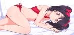  1girl bangs bed_sheet bikini black_hair bow collarbone eyebrows_visible_through_hair hair_between_eyes hair_bow long_hair looking_at_viewer love_live! love_live!_school_idol_project lying navel on_side parted_lips red_bikini red_bow red_eyes shiny shiny_hair side-tie_bikini simple_background solo swimsuit twintails wewe white_background yazawa_nico 