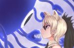  1girl aardwolf_(kemono_friends) aardwolf_ears animal_ear_fluff animal_ears bangs bare_shoulders black_eyes black_hair cellien_(kemono_friends) closed_mouth collared_shirt dripping expressionless extra_ears eye_contact eyebrows_visible_through_hair face-to-face from_side high_ponytail highres kemono_friends long_hair looking_at_another monster multicolored_hair necktie okyao shirt sidelocks size_difference sleeveless sleeveless_shirt solo tentacles two-tone_hair wet white_hair wing_collar 