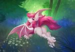  2020 bat_pony day detailed_background digital_media_(artwork) equid forest fur grass hair hooves mammal margony membrane_(anatomy) membranous_wings my_little_pony outside pink_body pink_fur red_hair smile tree wings 