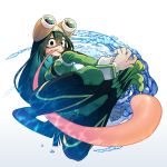  1girl :&gt; abiko_yuuji ass asui_tsuyu bangs black_eyes black_hair blush bodysuit boku_no_hero_academia breasts commentary_request frog_girl from_below full_body gloves goggles goggles_on_head gradient gradient_background green_hair grey_background hair_between_eyes hair_rings highres legs_up long_hair long_tongue looking_at_viewer low-tied_long_hair medium_breasts solo toes tongue tongue_out water white_background 