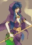  1girl blue_eyes blue_hair breasts breath_of_fire breath_of_fire_i deis dress highres hood kannoaki lamia long_hair looking_at_viewer monster_girl simple_background solo tail 