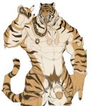  accessory anthro chained felid hi_res humanoid_genitalia jewelry machetes male mammal muscular muscular_male nesskain nipple_piercing nipples pantherine penis_accessory penis_jewelry piercing red_eyes solo stripes_(tigerstripes) tiger yellow_theme 