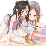  2girls :o abigail_williams_(fate/grand_order) abigail_williams_(swimsuit_foreigner)_(fate) all_fours bangs bare_shoulders beach bikini blonde_hair blue_eyes bonnet breasts brown_hair collarbone fate/grand_order fate_(series) frilled_bikini frilled_swimsuit frills highres innertube long_hair looking_at_viewer lounging muchi_maro multiple_girls navel open_mouth outdoors parted_bangs sand sesshouin_kiara sesshouin_kiara_(lily) sidelocks small_breasts smile stomach swimsuit white_bikini yellow_eyes 