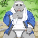  1:1 2020 anthro asian_clothing belly blush bodily_fluids bulge clothing domestic_cat east_asian_clothing eyes_closed felid feline felis fundoshi fur grey_body grey_fur hi_res humanoid_hands japanese_clothing kemono male mammal overweight overweight_male scottish_fold sitting solo sweat tanutronik753_k towel underwear 