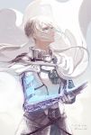  1boy armor bedivere blonde_hair braid breastplate cape closed_mouth dated fate/grand_order fate_(series) gauntlets green_eyes knight long_hair looking_up male_focus ponytail prosthesis prosthetic_arm samui128 signature simple_background solo twitter_username white_background white_cape 