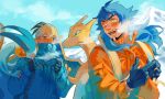  2boys backpack bag bangs black_hair blue_hair blush breath charizard cloud coat cold commentary_request dande_(pokemon) day facial_hair flygon gen_1_pokemon gen_3_pokemon gloves half-closed_eyes highres holding_strap kibana_(pokemon) long_hair looking_back mountain multiple_boys open_mouth orange_coat orange_headwear outdoors pokemon pokemon_(creature) pokemon_(game) pokemon_swsh sky snow teeth tokeru tongue yellow_eyes 