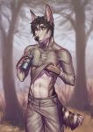  2020 5_fingers absurd_res anthro black_hair black_nose canid canine canis day detailed_background digital_media_(artwork) fingers hair hi_res male mammal nelly63 outside smile solo tree wolf yellow_eyes 