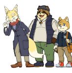  2020 anthro bottomwear brown_body brown_fur canid canine canis clothing domestic_dog eyes_closed fox fur group hat headgear headwear hi_res kemono male mammal overweight overweight_male pants raccoon_dog sakusan_kc shirt simple_background tanuki tenugui topwear white_background 