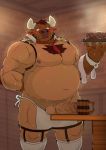  2020 anthro apron araiguma_11 balls belly blush bodily_fluids bovid bovine brown_body brown_fur cattle clothing erection food fur genitals humanoid_genitalia humanoid_hands humanoid_penis kemono male mammal moobs necktie nipples overweight overweight_male penis solo sweat 