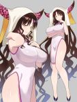  1girl bangs bare_shoulders black_hair breasts china_dress chinese_clothes closed_mouth dress facial_mark fate/grand_order fate_(series) forehead_mark full_body grey_background highres horns large_breasts long_hair looking_at_viewer multiple_views navel seductive_smile sesshouin_kiara simple_background smile very_long_hair wavy_hair yellow_eyes zenshin 