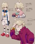  1boy ahoge arm_up beet_(pokemon) blonde_hair blush closed_eyes closed_mouth cns coat collared_shirt commentary_request curly_hair dynamax_band eyebrows_visible_through_hair great_ball grey_background highres long_sleeves multiple_views number open_mouth poke_ball pokemon pokemon_(game) pokemon_swsh purple_coat purple_eyes shirt short_sleeves shorts socks tongue translation_request watch wristwatch 