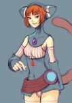  1girl animal_ears animal_hood blue_eyes breasts breath_of_fire breath_of_fire_v cat_ears cat_hood closed_mouth commentary dress gloves highres hood kannoaki lin_(breath_of_fire) looking_at_viewer orange_hair short_hair simple_background smile solo standing tail thighhighs 