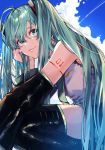  1girl :3 aqua_eyes aqua_hair arm_tattoo bangs bare_shoulders black_legwear blue_sky boots closed_mouth cloud condensation_trail day detached_sleeves feet_out_of_frame from_side hair_flowing_over hair_ornament hair_over_shoulder hand_on_own_cheek hatsune_miku head_rest headphones headset holding holding_hair long_hair looking_at_viewer miyatsuki_azuki necktie skirt sky smile solo squatting tattoo thigh_boots thighhighs twintails very_long_hair vocaloid 