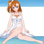  1girl bangs barefoot blue_background blue_eyes blush bow brown_hair collarbone dress hair_between_eyes hair_bow halterneck high_ponytail kousaka_honoka love_live! love_live!_school_idol_project panties pantyshot parted_lips shiny shiny_hair side_ponytail sitting sleeveless sleeveless_dress solo sundress two-tone_background underwear wewe white_background white_bow white_dress white_panties 