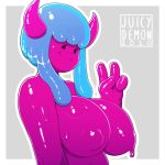  1:1 2020 big_breasts black_eyes blue_hair blush breasts female goo_creature goo_hair hair hi_res horn humanoid jam_(character) juicydemon pseudo_hair purple_body purple_breasts purple_skin smile solo 