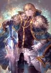  1boy armor black_gloves blonde_hair blue_cape blue_eyes cape collared_cape excalibur_galatine fate/extra fate/grand_order fate_(series) fur_collar gauntlets gawain_(fate/extra) gloves hand_on_hip highres holding holding_sword holding_weapon knight knights_of_the_round_table_(fate) long_sleeves looking_at_viewer male_focus open_mouth short_hair signo_aaa solo sword weapon 