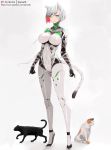  1girl animal animal_ears bamuth bodysuit breasts cat cat_ears cat_tail full_body green_eyes high_heels highres large_breasts looking_at_viewer original patreon_username red_hair ribbon short_hair simple_background tail white_background white_hair 