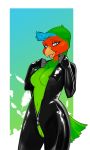  2019 anthro avian beak bird blue_body blue_eyes blue_feathers breasts cheek_tuft clothing facial_tuft feathers female genitals green_body green_feathers half-closed_eyes kimart_i looking_at_viewer lovebird multicolored_body multicolored_feathers narrowed_eyes navel nipples non-mammal_breasts open_beak open_mouth parrot portrait pussy red_body red_feathers rubber simple_background skinsuit solo standing tail_feathers three-quarter_portrait tight_clothing tongue true_parrot tuft vareoth yellow_beak zipper 