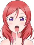  1girl absurdres bangs collarbone hair_between_eyes highres index_finger_raised long_hair looking_at_viewer love_live! love_live!_school_idol_project nishikino_maki nude open_mouth portrait purple_eyes red_hair shiny shiny_hair simple_background solo tongue tongue_out wewe white_background 