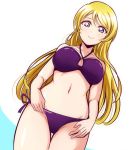  1girl ayase_eli bangs bikini blonde_hair blue_eyes breasts collarbone criss-cross_halter groin halterneck large_breasts long_hair looking_at_viewer looking_down love_live! love_live!_school_idol_project navel purple_bikini shiny shiny_skin side-tie_bikini simple_background solo swept_bangs swimsuit thigh_gap very_long_hair wewe white_background 