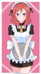  1girl alternate_costume apron back_bow bangs black_ribbon black_shirt black_skirt blush bow cowboy_shot enmaided hair_between_eyes hair_ribbon highres holding holding_plate long_hair looking_at_viewer love_live! love_live!_school_idol_project maid maid_headdress miniskirt necktie nishikino_maki pencil_skirt pink_background plate purple_eyes red_hair ribbon shirt short_necktie short_sleeves skirt solo standing striped striped_ribbon thighhighs wewe white_apron white_bow white_legwear wing_collar yellow_neckwear zettai_ryouiki 