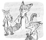  anthro bodily_fluids canid canine clothing dipstick_ears disney flying_sweatdrops food fox fur hagyuki holding_food holding_object male mammal monochrome multicolored_ears multiple_poses necktie nick_wilde pawpsicle popsicle pose red_fox shirt sweat sweatdrop topwear zootopia 