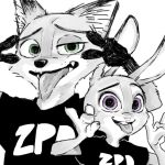  1:1 2016 anthro buckteeth canid canine clothed clothing disney duo female fox fur green_eyes judy_hopps lagomorph leporid male mammal nick_wilde open_mouth open_smile purple_eyes rabbit red_fox sg shirt silly simple_background smile spot_color t-shirt teeth tongue tongue_out topwear white_background zootopia 