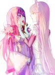  2girls applying_makeup character_request daeraeband dress fate/grand_order fate_(series) feather_trim gloves hand_on_another&#039;s_face lipstick_tube long_hair medb_(fate)_(all) medb_(fate/grand_order) multiple_girls purple_dress red_eyes scathach_(fate)_(all) scathach_skadi_(fate/grand_order) tiara very_long_hair wide_sleeves yellow_eyes 