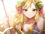  1girl bangs blonde_hair braid breasts cleavage eyelashes food fruit grapes green_eyes hair_fruit hair_leaf hair_ornament leaf long_hair looking_at_viewer magi_the_labyrinth_of_magic mame_kuri mole mole_under_eye scheherazade_(magi) simple_background solo staff tears upper_body white_background 