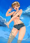  1girl ass_visible_through_thighs bang-you bikini bikini_under_clothes brown_hair cloud cloudy_sky collarbone cowboy_shot denim denim_shorts highres kashiwagi_azusa kizuato navel open_mouth partially_unbuttoned short_hair short_shorts shorts sky smile solo splashing sweat swimsuit teeth tomboy tongue very_short_hair water 