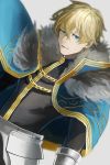  1boy armor blonde_hair blue_cape blue_eyes cape chi4co0820 collared_cape excalibur_galatine fate/extra fate/grand_order fate_(series) fur_collar gauntlets gawain_(fate/extra) knight knights_of_the_round_table_(fate) long_sleeves looking_at_viewer male_focus short_hair simple_background solo white_background 