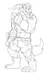  anthro barefoot biceps body_hair bottomwear canid canine canis clothing dire_(fortnite) epic_games fortnite fur hair hi_res jazzwolf male mammal muscular muscular_anthro muscular_male nipples not_furry pants pecs piercing simple_background smile solo torn_bottomwear torn_clothing torn_pants video_games were werecanid werecanine werewolf wolf 