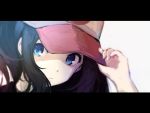  1girl baseball_cap black_hair blue_eyes closed_mouth commentary expressionless eyelashes hand_on_headwear hand_up hat highres letterboxed long_hair looking_to_the_side melon_syrup pokemon pokemon_(game) pokemon_bw portrait sidelocks solo touko_(pokemon) white_background 