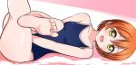  1girl :d bangs barefoot blue_swimsuit breasts eyebrows_visible_through_hair green_eyes hair_between_eyes hoshizora_rin looking_at_viewer love_live! love_live!_school_idol_project open_mouth orange_hair pink_background school_swimsuit shiny shiny_hair short_hair small_breasts smile soles solo swimsuit two-tone_background wewe white_background 