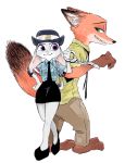  2016 anthro barefoot bottomwear canid canine clothed clothing disney duo female fox fully_clothed fur green_eyes grey_body grey_fur grin handcuffed judy_hopps lagomorph leporid male mammal necktie nick_wilde orange_body orange_fur pants purple_eyes rabbit red_fox sg shirt simple_background skirt smile standing topwear white_background zootopia 