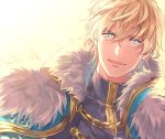  1boy armor blonde_hair blue_cape blue_eyes cape collared_cape eyebrows eyebrows_visible_through_hair fate/extra fate/grand_order fate_(series) fur_collar gawain_(fate/extra) inami knight knights_of_the_round_table_(fate) looking_at_viewer male_focus open_mouth short_hair solo upper_body 