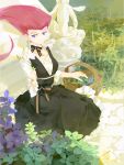 1girl a-shacho basket black_dress bow closed_mouth commentary_request dress dress_bow earrings eyelashes frills holding jewelry leaf long_hair looking_to_the_side musashi_(pokemon) plant pokemon pokemon_(anime) purple_eyes red_hair smile solo team_rocket 